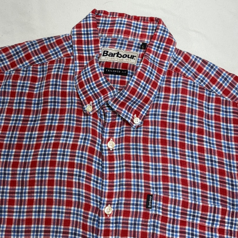 Barbour Arthur Red Blue Plaid 100% Linen Short Sleeve Shirt‎ Tailored Fit Mens L